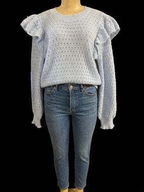 LOFT Pastel Blue Open-Knit Ruffle Shoulder Sweater